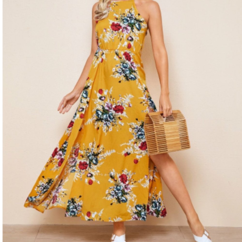 Tie Back Split Thigh Belted Floral maxi dress